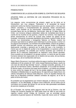 MANUAL DE DERECHO DE SEGUROS
PRIMERA PARTE
COMENTARIOS DE LA LEGISLACIÓN SOBRE EL CONTRATO DE SEGUROS
APUNTES  PARA LA HISTOR