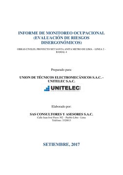 INFORME DE MONITOREO OCUPACIONAL 
(EVALUACIÓN DE RIESGOS 
DISERGONÓMICOS) 
 
OBRAS CIVILES, PROYECTO SET SANTA