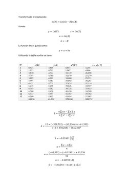 Transformado o linealizando: 
ln(𝑌) = 𝐿𝑛(𝐴) −𝐵𝐿𝑛(𝑋) 
Donde: 
𝑦= 𝐿𝑛(𝑌)                      𝑥= 𝐿𝑛(𝑋) 
𝑎= 𝐿𝑛