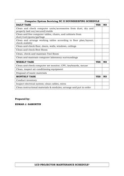 Computer System Servicing NC II HOUSEKEEPING SCHEDULE
DAILY TASK
YES
NO
Clean and check computer units/accessories from dust;