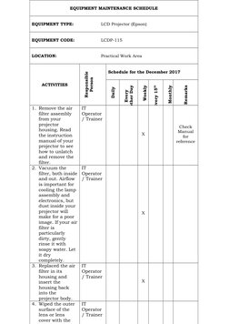 EQUIPMENT MAINTENANCE SCHEDULE
EQUIPMENT TYPE: 
LCD Projector (Epson)
EQUIPMENT CODE: 
LCDP-115
LOCATION: 
Practical Work Are