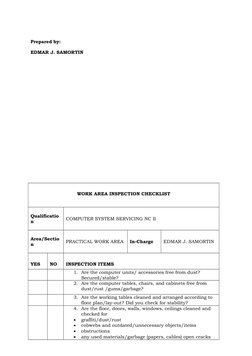 Prepared by:
EDMAR J. SAMORTIN
WORK AREA INSPECTION CHECKLIST
Qualificatio
n
COMPUTER SYSTEM SERVICING NC II
Area/Sectio
n
PR