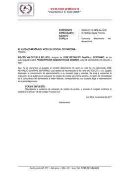 ESTUDIO JURÍDICO
“VALENZUELA & ASOCIADOS”
EXPEDIENTE
:
00045-2017-0-1412-JM-CI-02
ESPECIALISTA
:
Dr. Rodrigo Escate Foronda
E