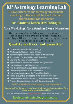 KP Astrology Learning Lab
3 Days intensive KP astrology professional 
coaching in Hyderabad by world famous 
professional KP