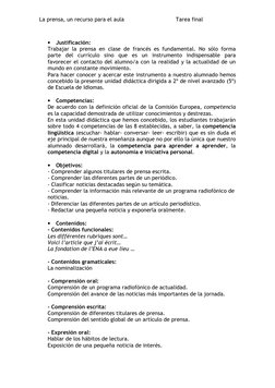 La prensa, un recurso para el aula                               Tarea final 
 
• Justificación:  
Trabajar la prensa en clas