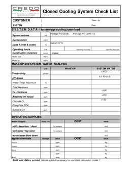 Closed Cooling System Check List 
CUSTOMER  
: 
Taken  by: 
 
SYSTEM  
: 
Date: 
S Y S T E M D A T A -  for avera