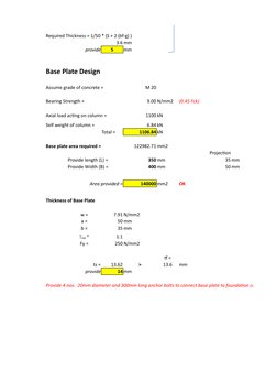 Required Thickness = 1/50 * (S + 2 (bf-g) )
3.6 mm
provide
5
mm
Base Plate Design
Assume grade of concrete =
M 20
Bearing Str