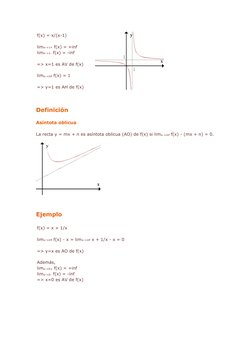 f(x) = x/(x-1) 
 
limx->1+ f(x) = +inf 
limx->1- f(x) = -inf 
 
=> x=1 es AV de f(x) 
 
limx->inf f(x) = 1 
 
=> y=1 es AH de