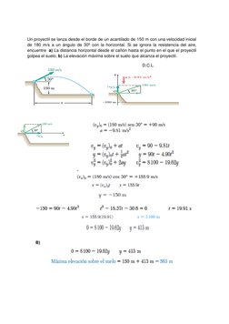 Un proyectil se lanza desde el borde de un acantilado de 150 m con una velocidad inicial 
de 180 m/s a un ángulo de 30º con