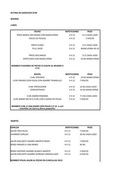 RUTINA DE EJERCICIOS GYM
BISERIES
LUNES
PECHO
REPETICIONES
PESO
PRESS BANCA INCLINADA CON MANCUERNA
4 X 12
12.5 CADA LADO
CRU
