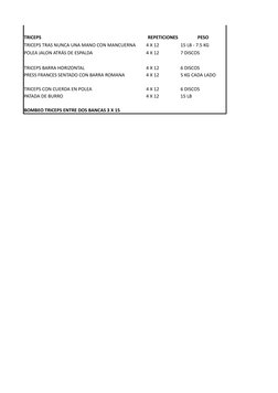 TRICEPS
REPETICIONES
PESO
TRICEPS TRAS NUNCA UNA MANO CON MANCUERNA 
4 X 12
15 LB - 7.5 KG
POLEA JALON ATRÁS DE ESPALDA
4 X 1