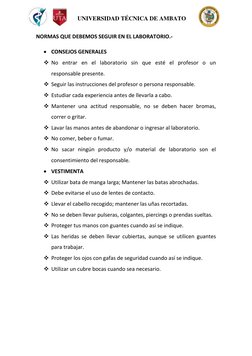 UNIVERSIDAD TÉCNICA DE AMBATO 
 
NORMAS QUE DEBEMOS SEGUIR EN EL LABORATORIO.-   
 CONSEJOS GENE