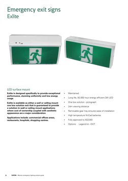 3
eaton - Menvier emergency lighting product guide
Emergency exit signs   
Exlite
Exlite is designed specifically to provide