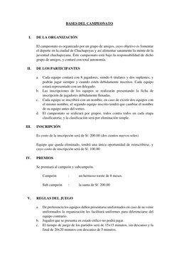 BASES DEL CAMPEONATO 
 
I. 
DE LA ORGANIZACIÓN  
 
El campeonato es organizado por un grupo de amigos, cuyo objetivo es fomen