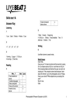 Photocopiable © Pearson Education Ltd 2015 
1 
Skills test 1A 
Answer Key 
Listening 
1  
 
1 Leo    2 dad    3 Nicola
