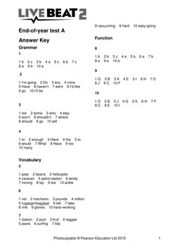 Photocopiable © Pearson Education Ltd 2015 
1 
End-of-year test A 
Answer Key 
Grammar 
1  
 
1 b    2 c    3 b    4 a