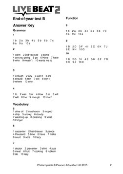 Photocopiable © Pearson Education Ltd 2015 
2 
End-of-year test B 
Answer Key 
Grammar 
1  
 
1 b    2 a    3 b    4 b