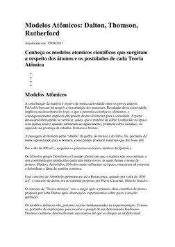Modelos Atômicos: Dalton, Thomson, 
Rutherford 
Atualizada em: 15/08/2017  
Conheça os modelos atomicos científicos que surgi