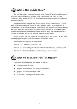 1
 What Is This Module About?
Do you like to have your own business in the future? What do you think are the
skills you need