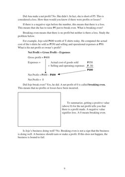 9
Did Ana make a net profit? No. She didn’t. In fact, she is short of P5. This is
considered a loss. How then would you know