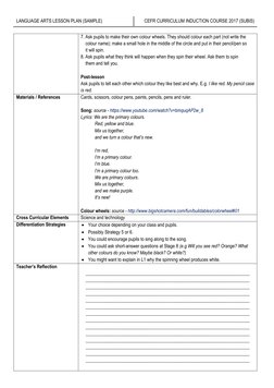 LANGUAGE ARTS LESSON PLAN (SAMPLE) 
CEFR CURRICULUM INDUCTION COURSE 2017 (SUBIS)  
 
7. Ask pupils to make their own colour