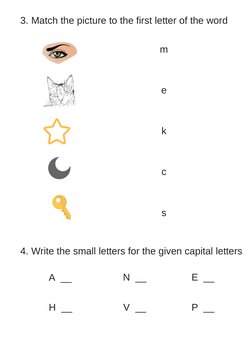3. Match the picture to the first letter of the word
m
e
k
c
s
4. Write the small letters for the given capital letters
A  __