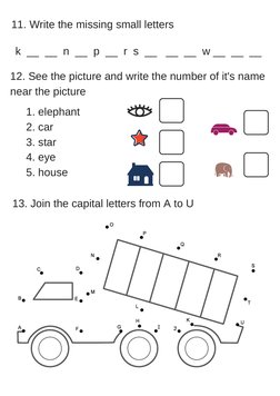 11. Write the missing small letters
k  __  __  n  __  p  __  r  s  __   __  __  w __  __  __ 
12. See the picture and write t