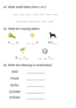 14. Write small letters from n to z
 ___  ___  ___  ___  ___  ___  ___ 
 ___  ___  ___  ___  ___  ___ 
15. Write the missing 