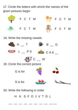 17. Circle the letters with which the names of the
given pictures begin
F   C   T   M
F   C   T   M
F   C   T   M
F   C   T  
