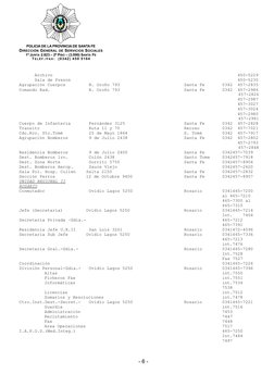 POLICIA DE LA PROVINCIA DE SANTA FE
DIRECCIÓN GENERAL DE SERVICIOS SOCIALES
1º JUNTA 2.823 – 2º PISO – (3.000) SANTA FE
T E L