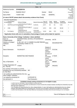 APPLICATION FORM FOR TATA STEEL MILLENNIUM SCHOLARSHIPS
 
2017-18
 
Part - 'A'
Reference Number
201802600194
Affix
Passport
S