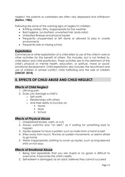 Page | 5  
 
neglect, the parents or caretakers are often very depressed and withdrawn 
(Barton, 1986). 
 
Following are so