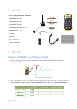 B.
MATERIAL 
El material que necesitaréis es el siguiente: 
• 3 resistencias de 1 KΩ 
• 1 resistencia de 10 KΩ 
• 1 resistenc
