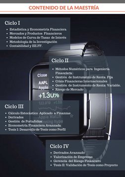 CONTENIDO DE LA MAESTRÍA 
Cálculo Estocástico  Aplicado  a Finanzas
Derivados
Gestión  de Portafolios 
Econometría Financiera
