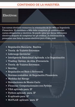 CONTENIDO DE LA MAESTRÍA 
A L T A  C A L I D A D  
Electivos: 
Regulación Bancaria:  Basilea
Teoría  de Valores Extremos
Lide