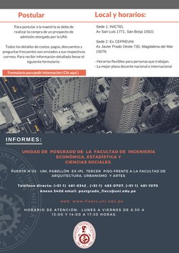 Postular
Sede 1: INICTEL 
Av San Luis 1771, San Borja 15021 
Sede 2: Ex CEPREUNI 
Av Javier Prado Oeste 730, Magdalena del Ma