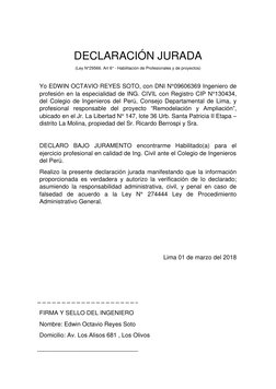 DECLARACIÓN JURADA 
(Ley N°29566. Art 6° - Habilitación de Profesionales y de proyectos) 
 
Yo EDWIN OCTAVIO REYES SOTO, co