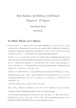 Real Analysis, 2nd Edition, G.B.Folland
Chapter 6
Lp Spaces
Yung-Hsiang Huang∗
2017/08/20
6.1 Basic Theory of Lp Spaces
1. Pr