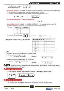 Química - 2013
5
Chemistry-2.0
Química                   Julio Oria
Cl
35
17
U
Sc
Al
SÍMBOLO
ELEMENTO 
+
- 
    - En un átomo