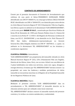 CONTRATO DE ARRENDAMIENTO 
 
Conste por el presente documento el Contrato de Arrendamiento que 
celebran de una parte el Seño