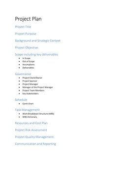 Project Plan 
Project Title 
Project Purpose 
Background and Strategic Context 
Project Objective 
Scope including key delive