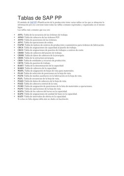 Tablas de SAP PP 
El módulo de SAP PP (Planificación de la producción) tiene varias tablas en las que se almacena la 
informa