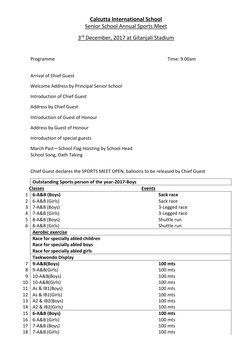 Calcutta International School 
Senior School Annual Sports Meet 
3rd December, 2017 at Gitanjali Stadium 
 
Programme