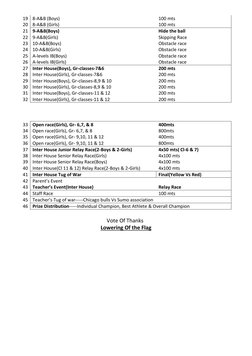 19 8-A&B (Boys) 
100 mts 
20 8-A&B (Girls) 
100 mts 
21 9-A&B(Boys) 
Hide the ball 
22 9-A&B(Girls) 
Skipping Race 
23 10-A&B