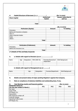 2 
 
 
 
4.         Capital Structure of Borrower (As on ………………….)  
 
(Rs. in crore) 
Share Capital 
Authorised 
Capital