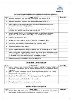 5 
 
Appendix-II 
 
INFORMATION/DATA/DOCUMENT REQUIREMENT WITH APPLICATION 
 
S.N 
Requirement 
Check Box 
01 
External cre