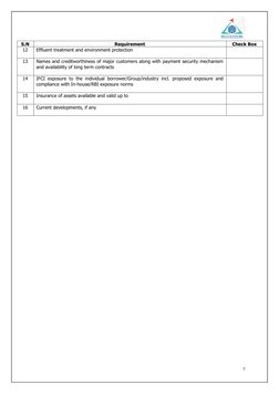 7 
 
S.N 
Requirement 
Check Box 
12 
Effluent treatment and environment protection 
 
 
13 
Names and creditworthiness of