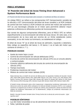 P0011 HYUNDAI 
'A' Posición del árbol de levas Timing Over-Advanced o 
System Performance Bank  
('A' Posición del árbol de l