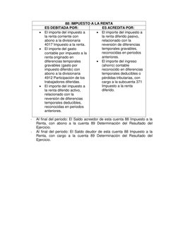 - 
Al final del periodo: El Saldo acreedor de esta cuenta 88 Impuesto a la 
Renta, con abono a la cuenta 89 Determinación del