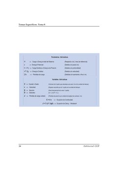 24
Editorial CEP
Temas Específicos. Tema 8
Parámetros  hidráulicos
H
⇒Carga o Energía total del Sistema 
(Respecto a la L íne
